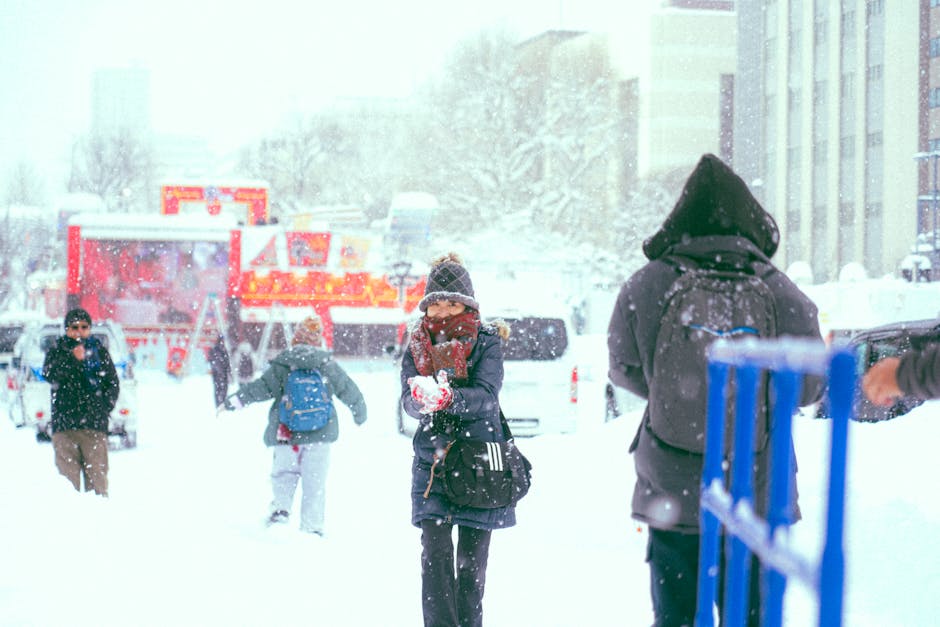 A vibrant winter street scene in Japan featuring people enjoying a snowy day.