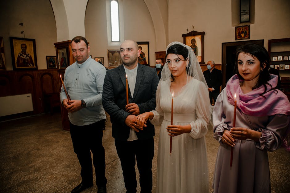 A serene Orthodox wedding ceremony featuring a bride and guests holding candles in a church.