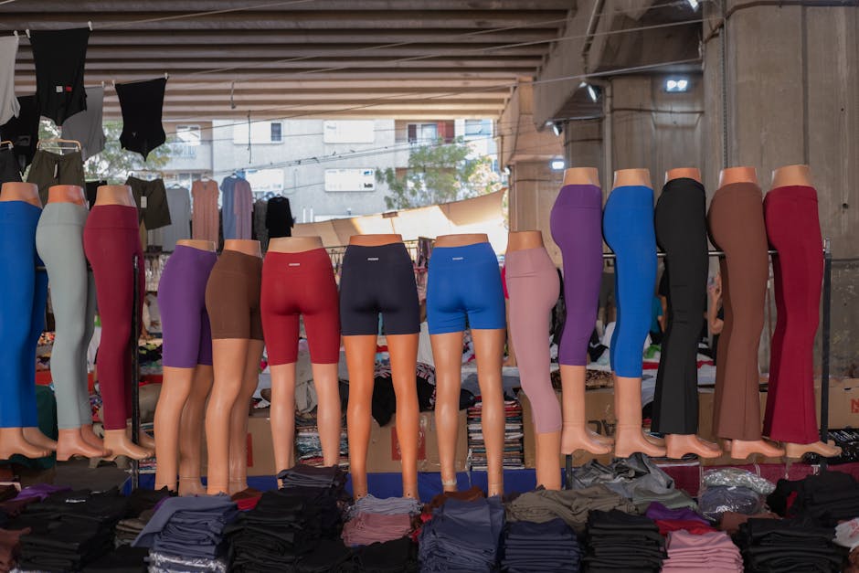 Under a bridge in Bornova, mannequin legs showcase various colorful leggings on display at a bustling market.
